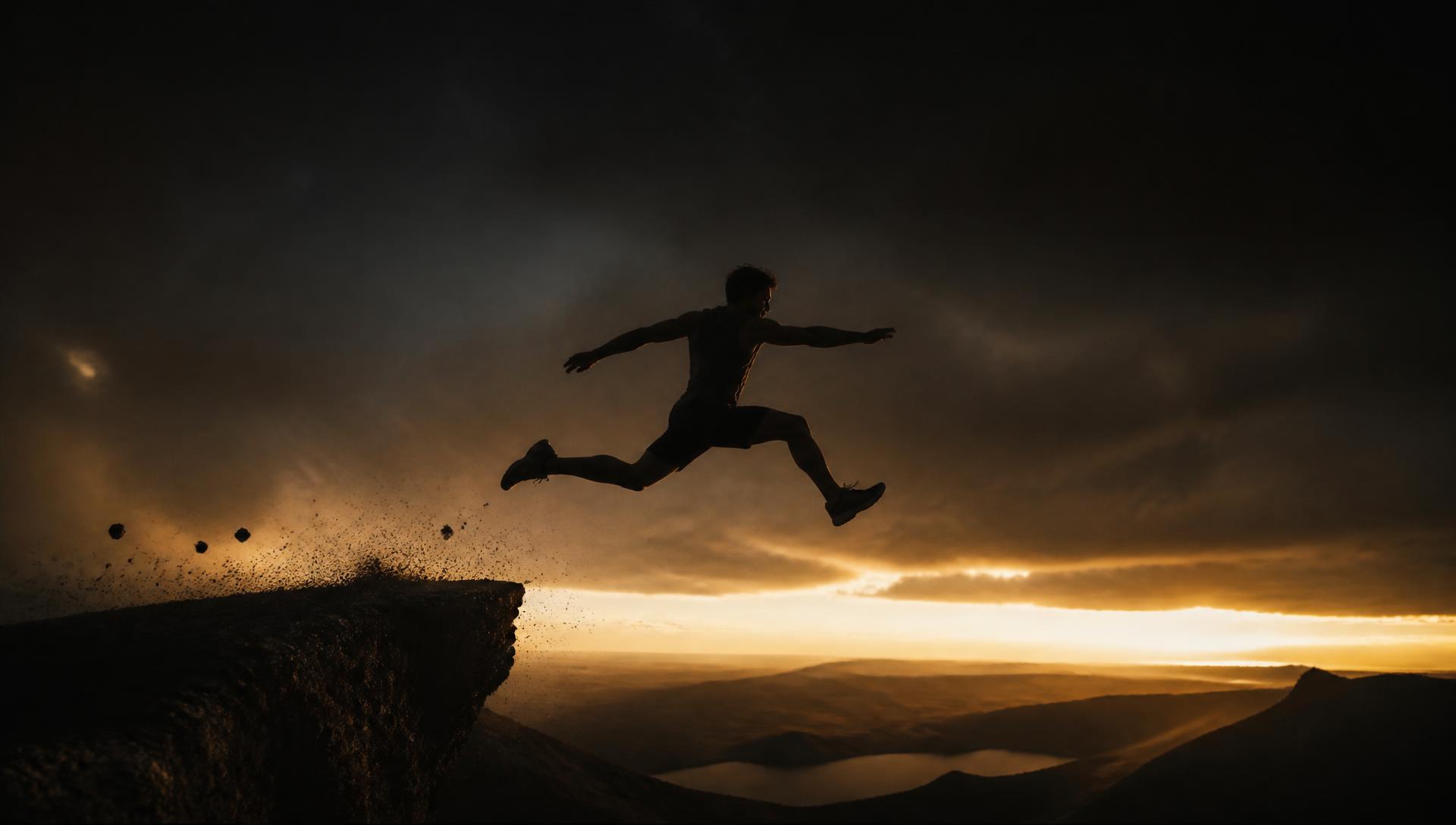 A person leaping from a cliff edge at sunrise